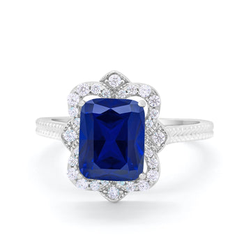 Halo Emerald Cut Engagement Ring Simulated Blue Sapphire CZ 925 Sterling Silver